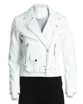 Women's White Classic Brando Biker Style Cow Hide Leather Jacket: Gemma